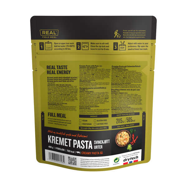 Cremige Pasta mit Schweinefleisch und Kräutern - 697 kcal - Real Field Meal