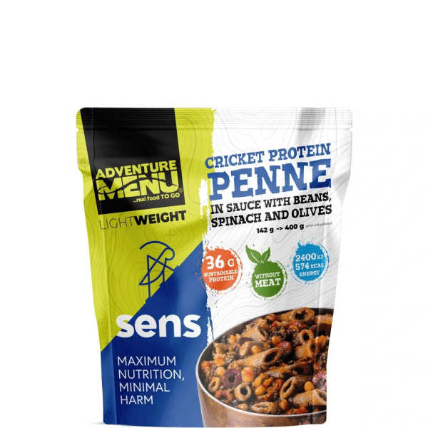 Grillenprotein-Penne in Sauce mit Bohnen, Spinat und Oliven - Adventure Menu